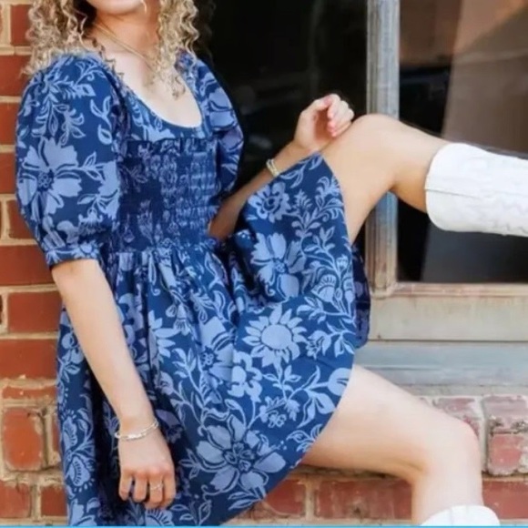 NWOT free people dear Delilah blue floral puff sleeve smocked mini dress - Picture 1 of 6